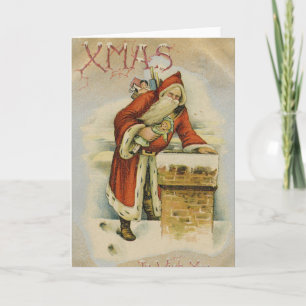 Vintage Christmas card, Father Christmas, Chimney Card