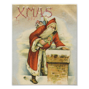 Vintage Christmas card, Father Christmas, Chimney Photo Print