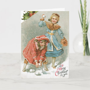 Vintage Christmas Card Girls Playing in th Snow