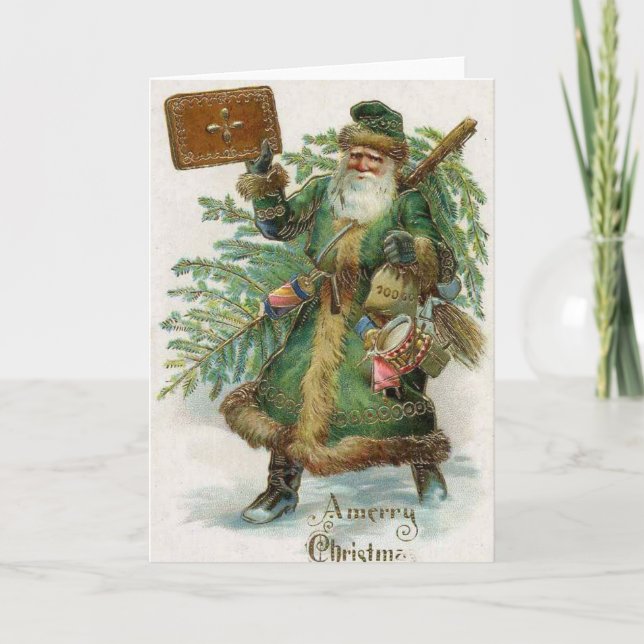 Vintage Christmas Card | Green Santa (Front)