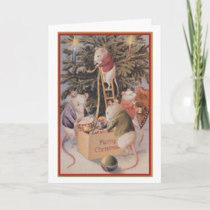 Vintage Christmas card - Mice Trimming Tree 1910