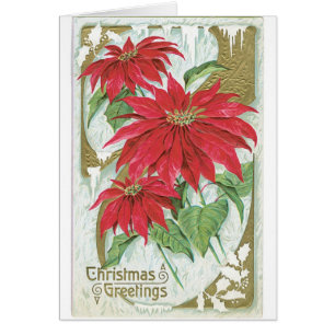 Vintage Christmas Card Poinsettia Red Flowers Xmas