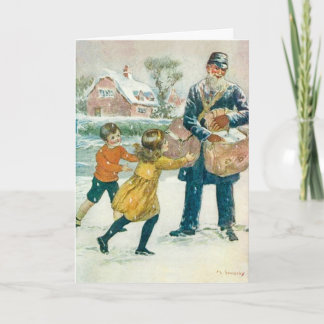 Vintage Christmas Card, Postman & kids, Customize Holiday Card