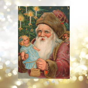 Vintage Christmas Card   santa and tiny doll