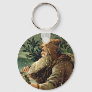 Vintage Christmas Card, Santa Claus and Tree Keychain