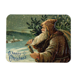 Vintage Christmas Card, Santa Claus and Tree Magnet