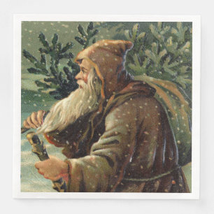 =Vintage Christmas Card, Santa Claus and Tree Napkin