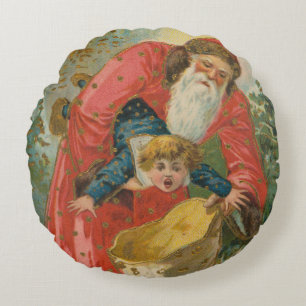 Vintage Christmas Card, Santa Claus, Naughty Child Round Pillow
