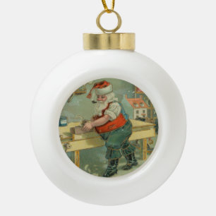 Vintage Christmas Card - Santa in his Workshop Ceramic Ball Christmas Ornament