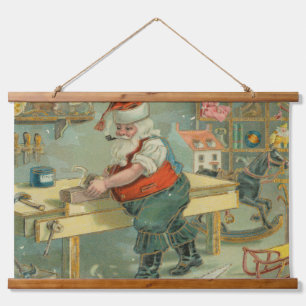 Vintage Christmas Card - Santa in his Workshop Hanging Tapestry