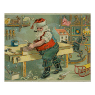 Vintage Christmas Card - Santa in his Workshop Poster