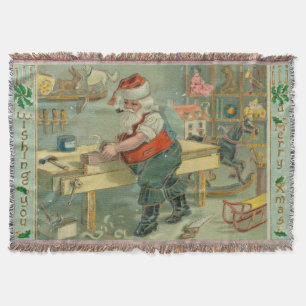 Vintage Christmas Card - Santa in his Workshop Throw Blanket