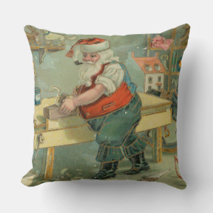 Vintage Christmas Card - Santa in his Workshop Throw Pillow