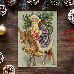 Vintage Christmas Card   Santa on a donkey
