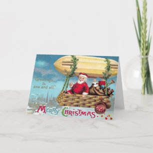 Vintage Christmas Card Santa on a Zeppelin