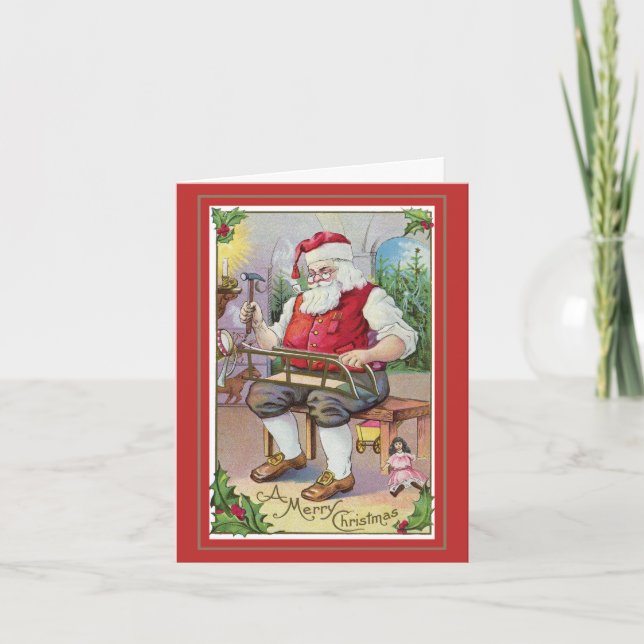 Vintage Christmas Card with Carpenter Santa Clause (Front)