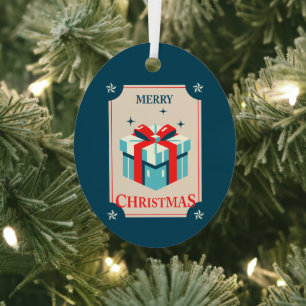 Vintage Christmas Card With Festive Gift Box Metal Ornament
