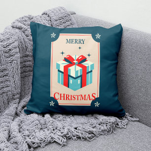 Vintage Christmas Card With Festive Gift Box Throw Pillow