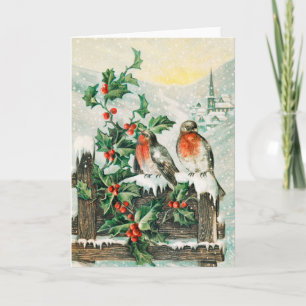 Vintage Christmas Card with Robins, Holly, Church