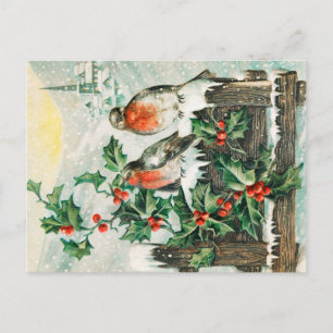 Vintage Christmas Card with Robins, Holly, Church