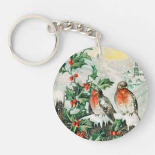 Vintage Christmas Card with Robins, Holly, Church Keychain