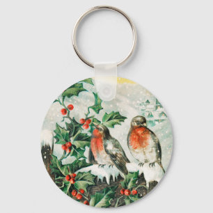 Vintage Christmas Card with Robins, Holly, Church Keychain