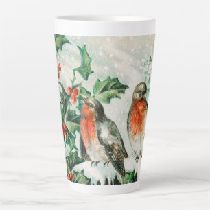Vintage Christmas Card with Robins, Holly, Church Latte Mug
