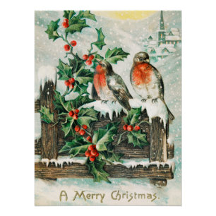 Vintage Christmas Card with Robins, Holly, Church Poster