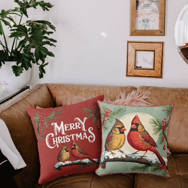 Vintage Christmas Cardinal Birds and Holly Throw Pillow (Creator Uploaded)