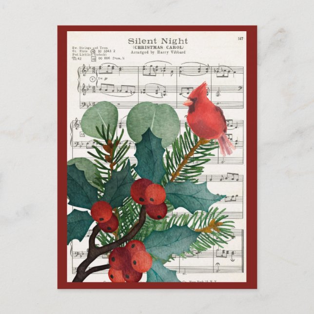 Vintage Christmas Cardinal Music Holiday Postcard (Front)