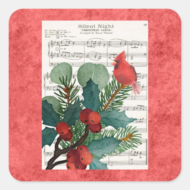 Vintage Christmas Cardinal Music Red Square Sticker (Front)