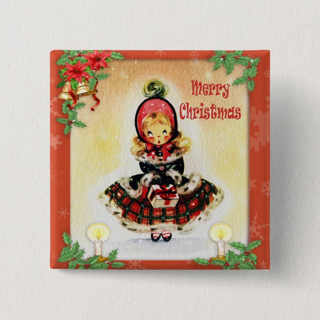 Vintage Christmas Caroler 2 Inch Square Button (Front)