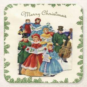 Vintage Christmas Carolers Christmas Square Paper Coaster