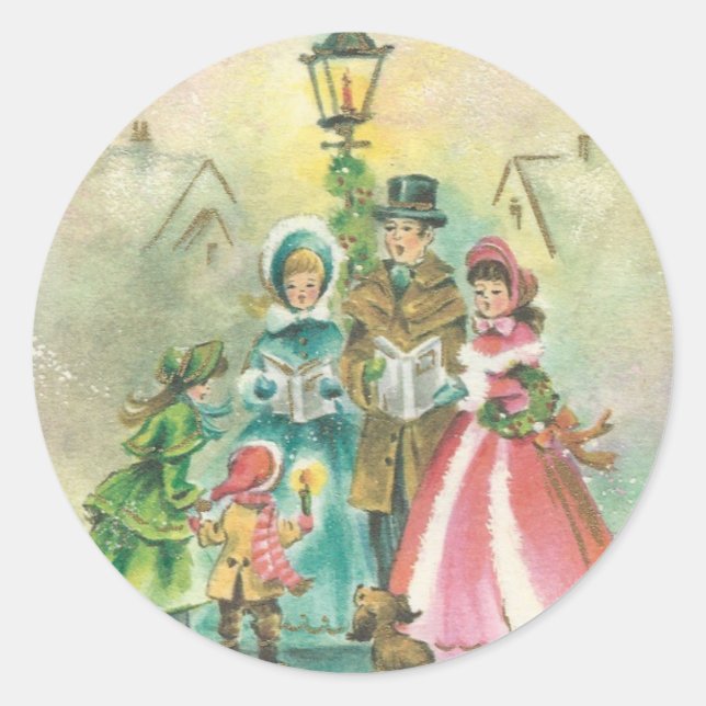 Vintage Christmas Carolers Classic Round Sticker (Front)