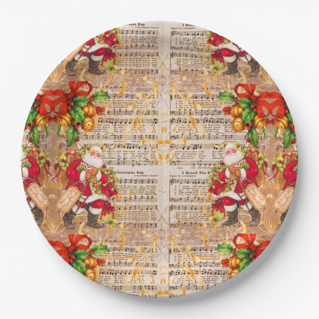 Vintage Christmas Carols and Santa Christmas Paper Plate (Front)