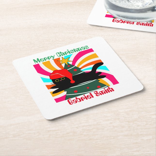 vintage christmas cat gift square paper coaster (Angled)