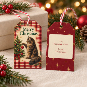 Vintage Christmas Cat Gift Tags Red Plaid & Gold