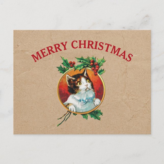 Vintage Christmas Cat Holiday Kraft Brown Paper Postcard (Front)