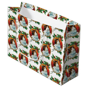Vintage Christmas Cat Holiday  Large Gift Bag
