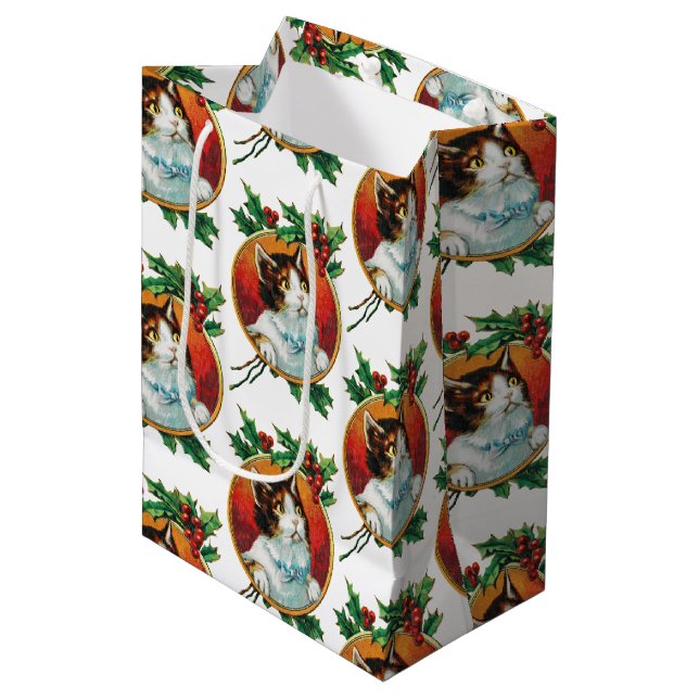 Vintage Christmas Cat Holiday  Medium Gift Bag (Front Angled)