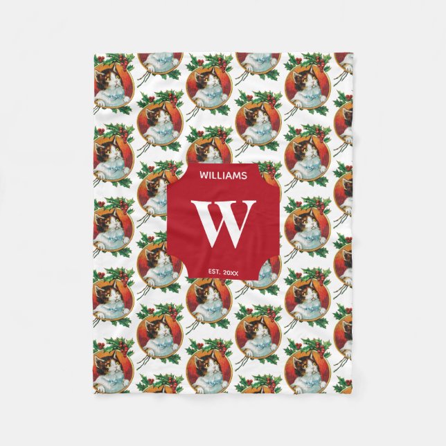 Vintage Christmas Cat Holiday Monogrammed Fleece Blanket (Front)