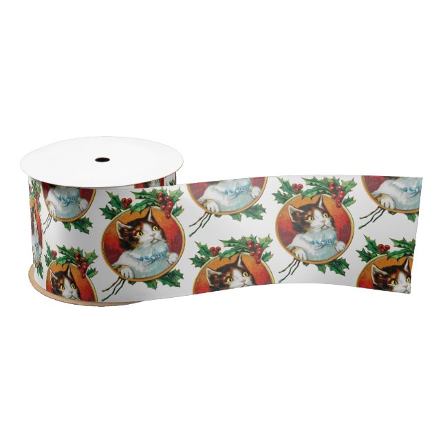 Vintage Christmas Cat Holiday  Satin Ribbon (Spool)