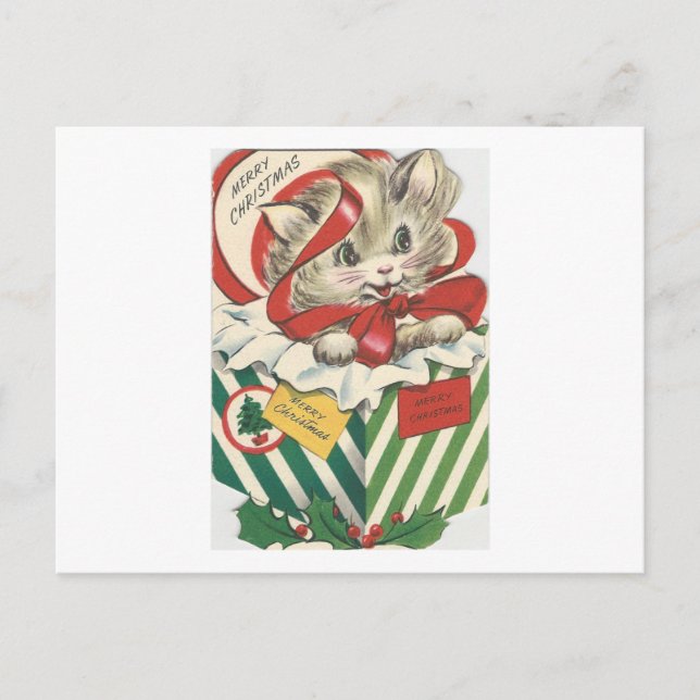 Vintage Christmas Cat In Present Holiday Postcard (Front)