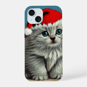 Vintage Christmas Cat in Santa Hat iPhone 15 Case