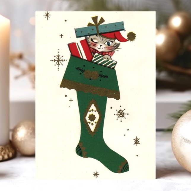 Vintage Christmas Cat In Stocking Holiday Card (Creator Uploaded)