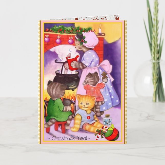 Vintage Christmas Cat Kittens Cook Greeting Card (Front)