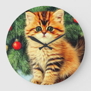 Vintage Christmas Cat Large Clock