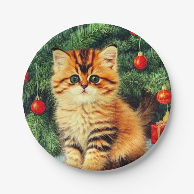 Vintage Christmas Cat Paper Plate (Front)