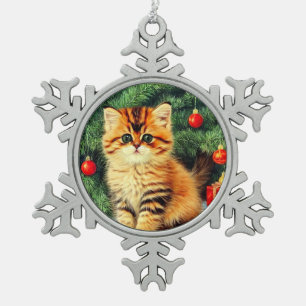 Vintage Christmas Cat Snowflake Pewter Christmas Ornament