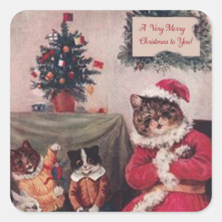 Vintage Christmas Cat Sticker, Louis Wain Cats Square Sticker